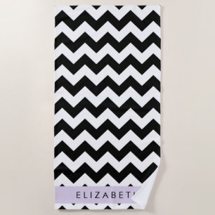 Black and White Zigzag, Chevron Pattern, Your Name Beach Towel