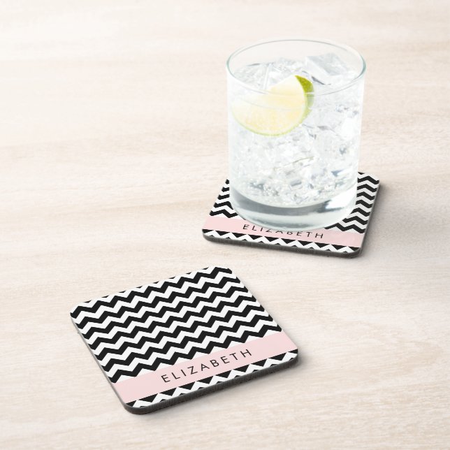 Black and White Zigzag, Chevron Pattern, Your Name Beverage Coaster (Right Side)