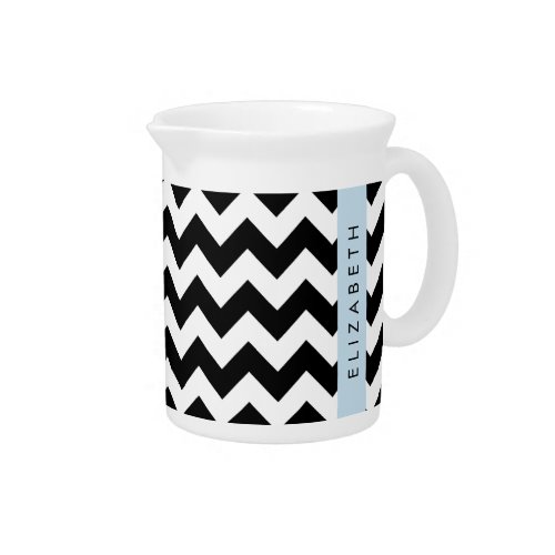 Black and White Zigzag Chevron Pattern Your Name Beverage Pitcher