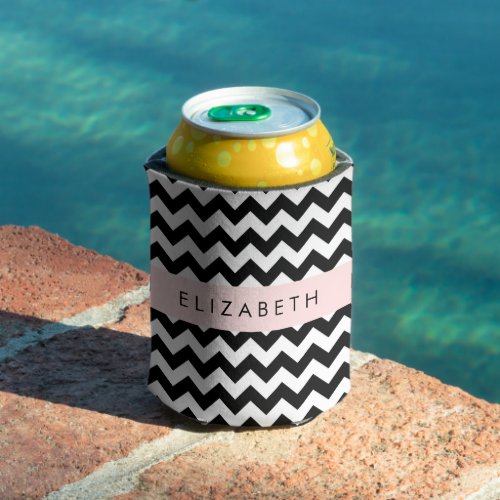 Black and White Zigzag Chevron Pattern Your Name Can Cooler