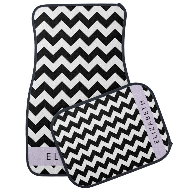 Black and White Zigzag, Chevron Pattern, Your Name Car Floor Mat (Set)
