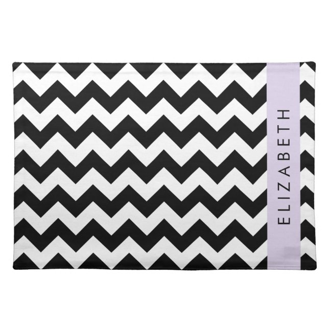 Black and White Zigzag, Chevron Pattern, Your Name Cloth Placemat (Front)