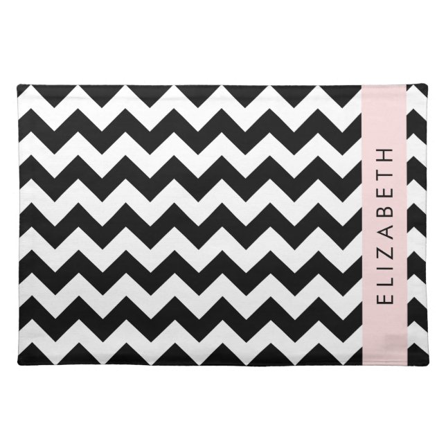 Black and White Zigzag, Chevron Pattern, Your Name Cloth Placemat (Front)