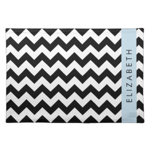 Black and White Zigzag, Chevron Pattern, Your Name Cloth Placemat