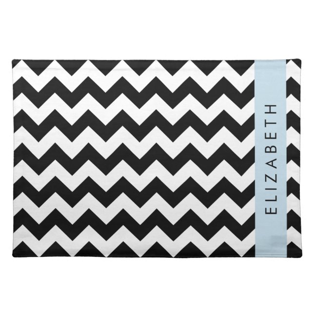 Black and White Zigzag, Chevron Pattern, Your Name Cloth Placemat (Front)