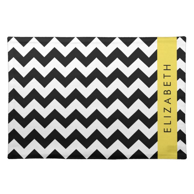 Black and White Zigzag, Chevron Pattern, Your Name Cloth Placemat (Front)