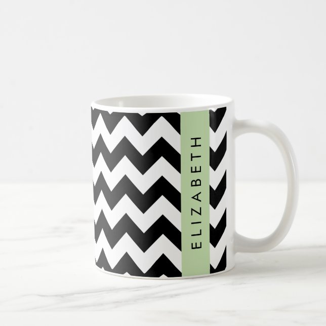 Black and White Zigzag, Chevron Pattern, Your Name Coffee Mug (Right)