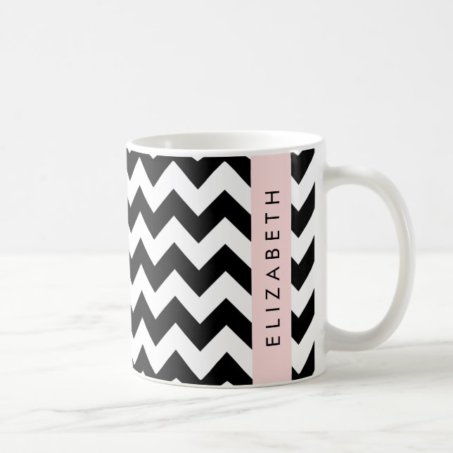 Black and White Zigzag, Chevron Pattern, Your Name Coffee Mug (Right)