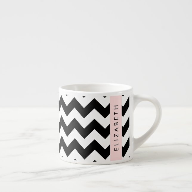 Black and White Zigzag, Chevron Pattern, Your Name Espresso Cup (Right)