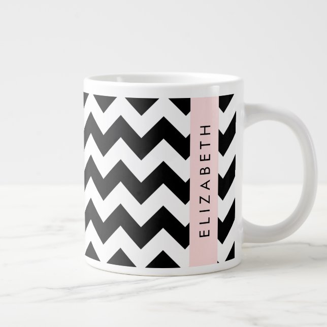 Black and White Zigzag, Chevron Pattern, Your Name Giant Coffee Mug (Right)