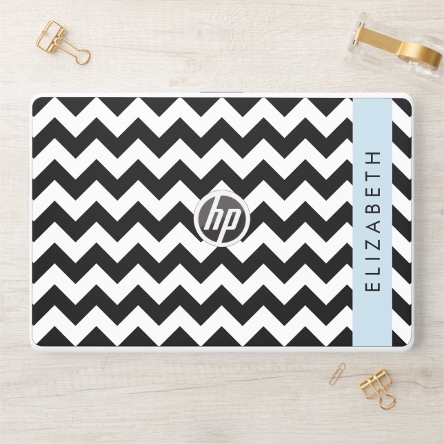 Black and White Zigzag, Chevron Pattern, Your Name HP Laptop Skin (Desk)