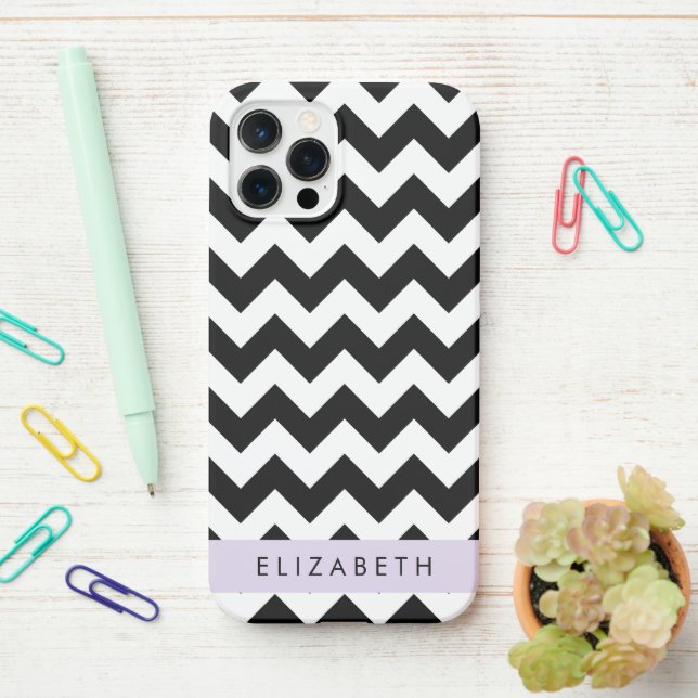 Black and White Zigzag, Chevron Pattern, Your Name iPhone Case (On Desk)