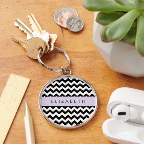 Black and White Zigzag Chevron Pattern Your Name Keychain