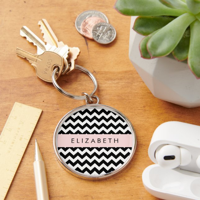 Black and White Zigzag, Chevron Pattern, Your Name Keychain (Desk)