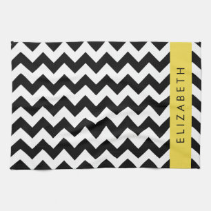 Black and White Zigzag, Chevron Pattern, Your Name Kitchen Towel