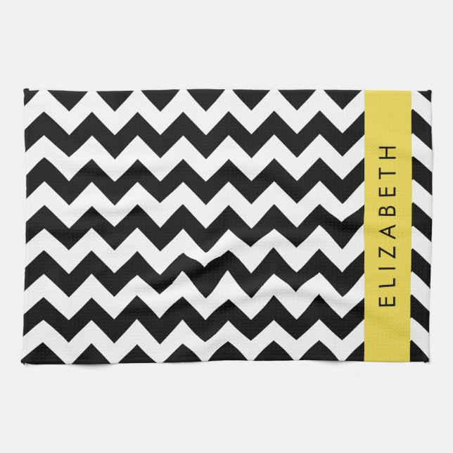 Black and White Zigzag, Chevron Pattern, Your Name Kitchen Towel (Horizontal)