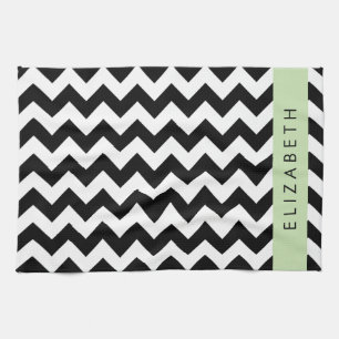 Black and White Zigzag, Chevron Pattern, Your Name Kitchen Towel