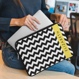 Black and White Zigzag, Chevron Pattern, Your Name Laptop Sleeve