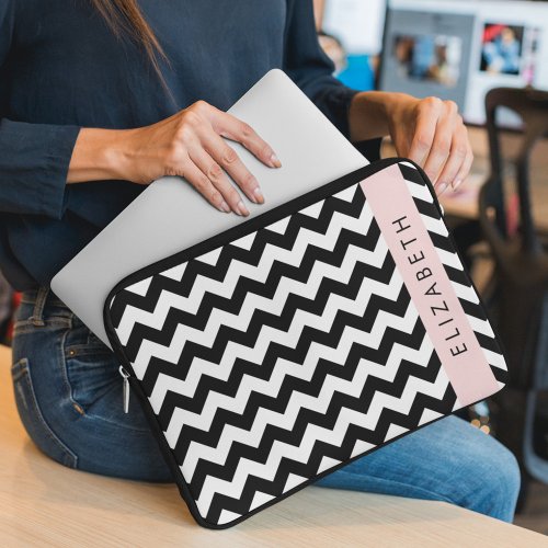 Black and White Zigzag Chevron Pattern Your Name Laptop Sleeve