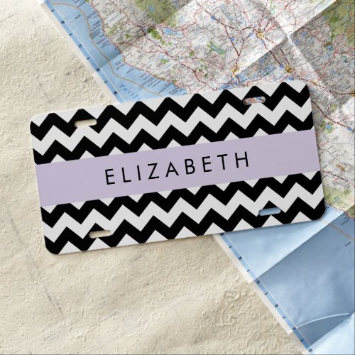 Black and White Zigzag Chevron Pattern Your Name License Plate