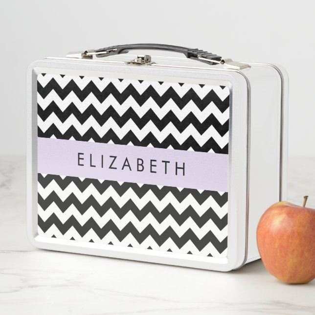 Black and White Zigzag, Chevron Pattern, Your Name Metal Lunch Box (In Situ)