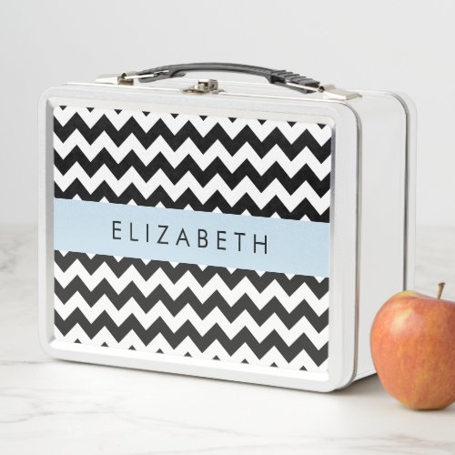 Black and White Zigzag Chevron Pattern Your Name Metal Lunch Box