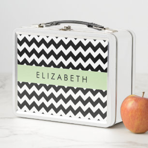 Black and White Zigzag, Chevron Pattern, Your Name Metal Lunch Box