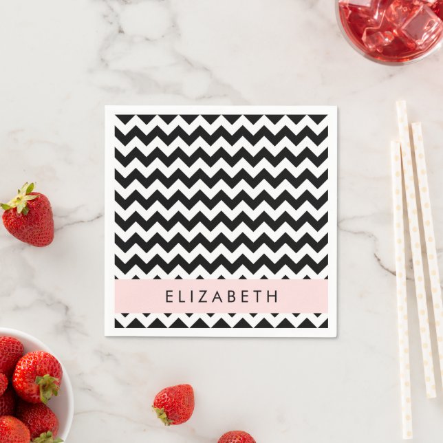 Black and White Zigzag, Chevron Pattern, Your Name Napkins (Insitu)