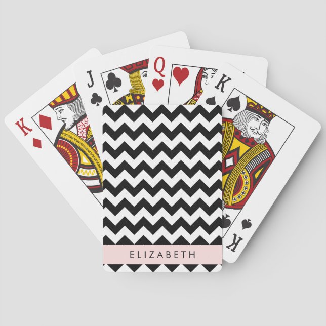 Black and White Zigzag, Chevron Pattern, Your Name Poker Cards (Back)