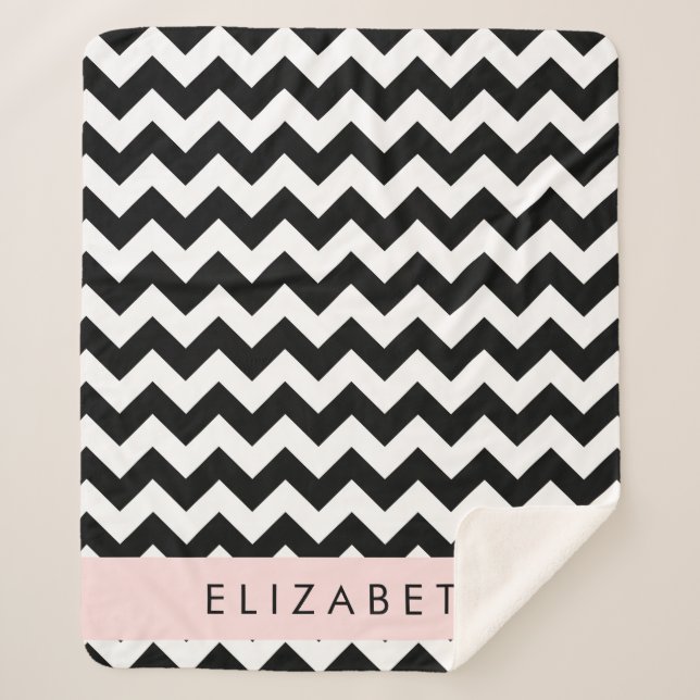 Black and White Zigzag, Chevron Pattern, Your Name Sherpa Blanket (Front)