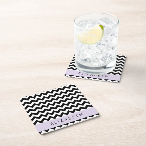 Black and White Zigzag Chevron Pattern Your Name Square Paper Coaster