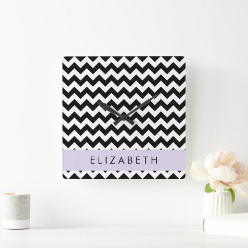 Black and White Zigzag Chevron Pattern Your Name Square Wall Clock