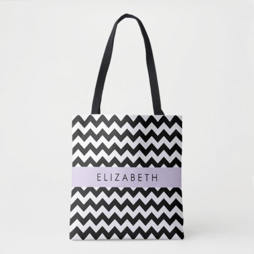 Black and White Zigzag Chevron Pattern Your Name Tote Bag