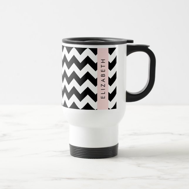 Black and White Zigzag, Chevron Pattern, Your Name Travel Mug (Right)
