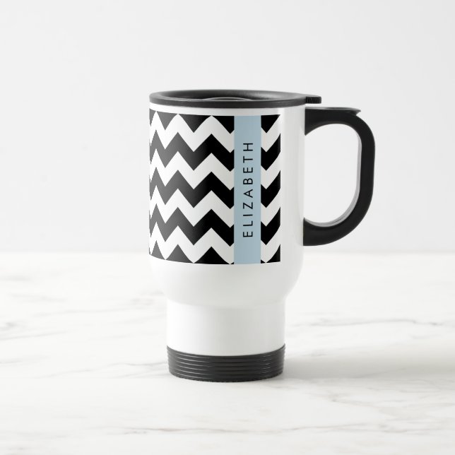 Black and White Zigzag, Chevron Pattern, Your Name Travel Mug (Right)