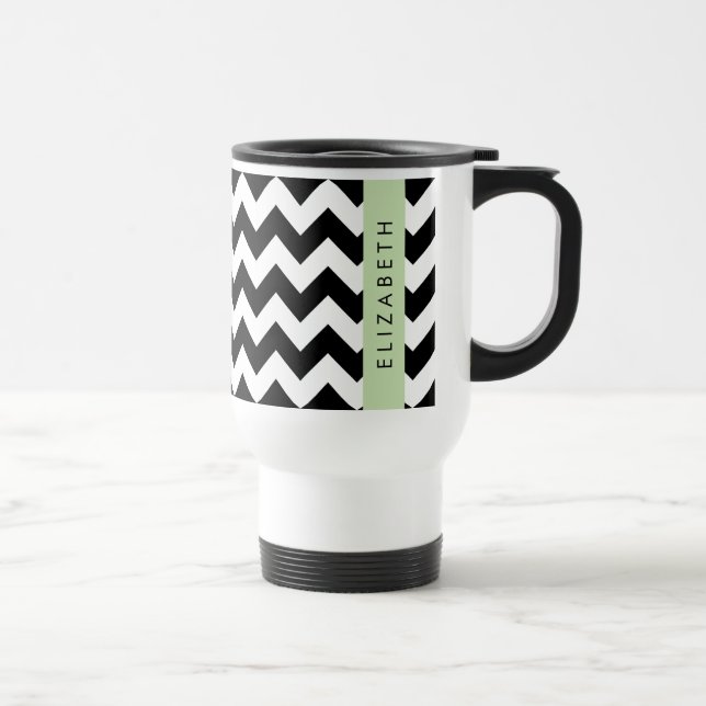 Black and White Zigzag, Chevron Pattern, Your Name Travel Mug (Right)