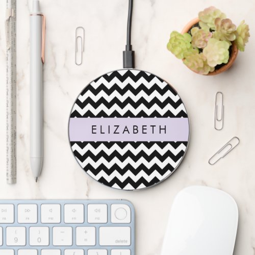 Black and White Zigzag Chevron Pattern Your Name Wireless Charger