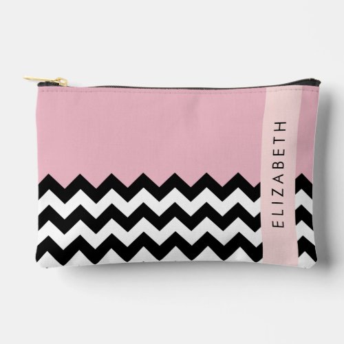 Black and White Zigzag Chevron Pink Your Name Accessory Pouch