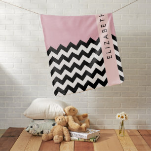 Black and White Zigzag, Chevron, Pink, Your Name Baby Blanket