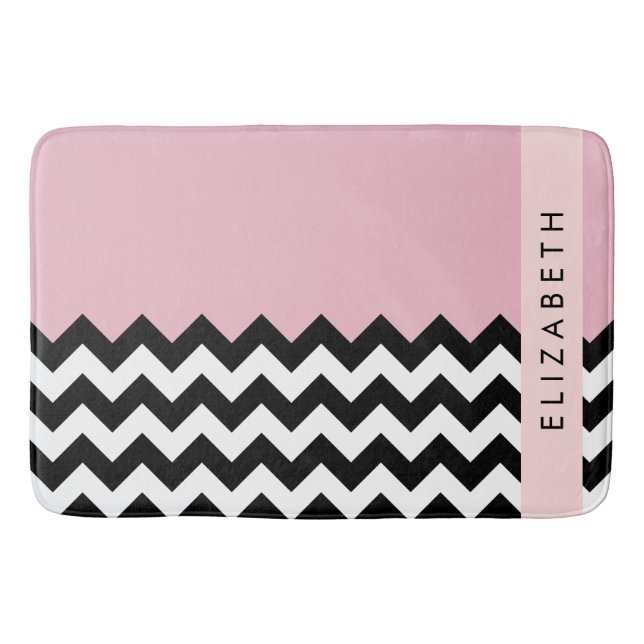 Black and White Zigzag, Chevron, Pink, Your Name Bath Mat (Front)