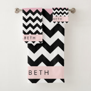 Black and White Zigzag, Chevron, Pink, Your Name Bath Towel Set