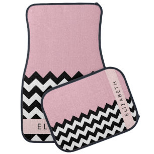 Black and White Zigzag, Chevron, Pink, Your Name Car Floor Mat