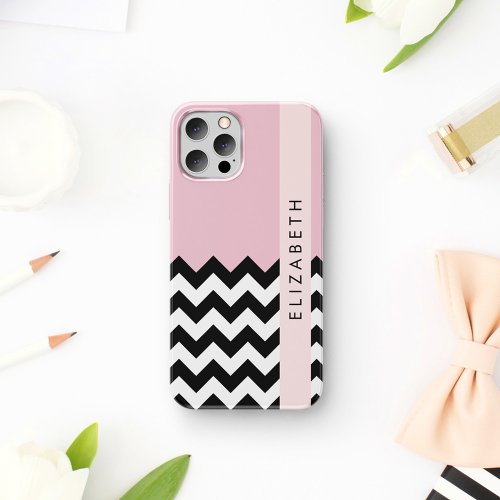 Black and White Zigzag Chevron Pink Your Name iPhone 12 Pro Case