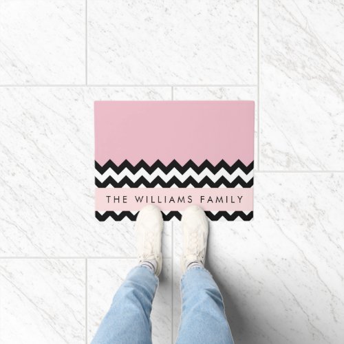 Black and White Zigzag Chevron Pink Your Name Doormat