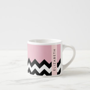 Black and White Zigzag, Chevron, Pink, Your Name Espresso Cup