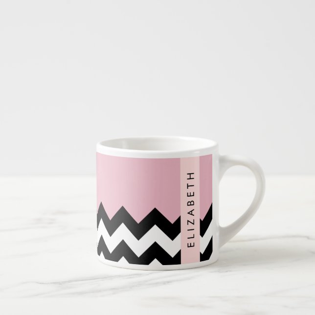Black and White Zigzag, Chevron, Pink, Your Name Espresso Cup (Right)
