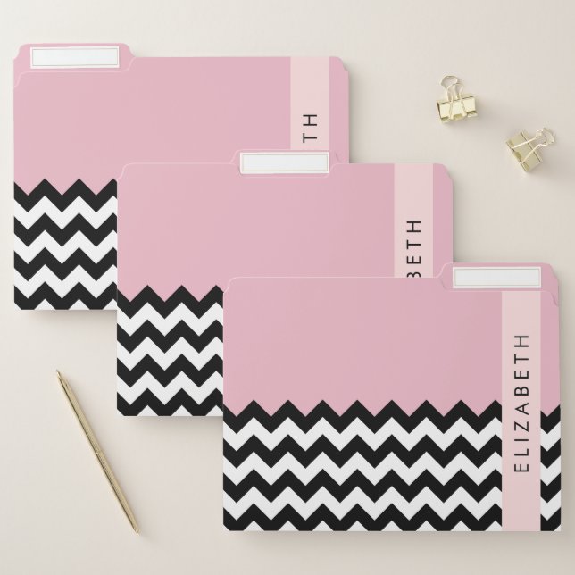 Black and White Zigzag, Chevron, Pink, Your Name File Folder (Set)