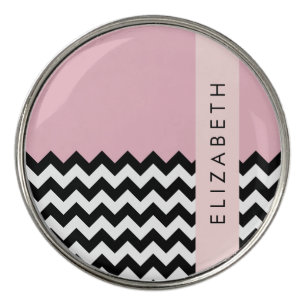 Black and White Zigzag, Chevron, Pink, Your Name Golf Ball Marker