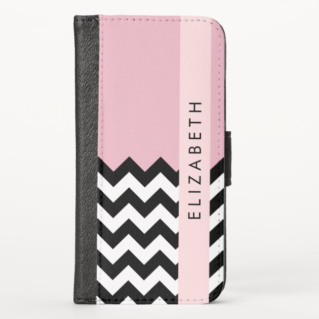Black and White Zigzag, Chevron, Pink, Your Name iPhone Wallet Case (Front)