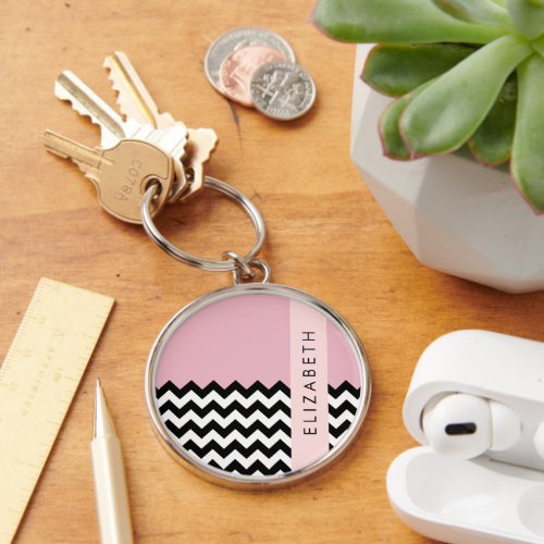 Black and White Zigzag Chevron Pink Your Name Keychain